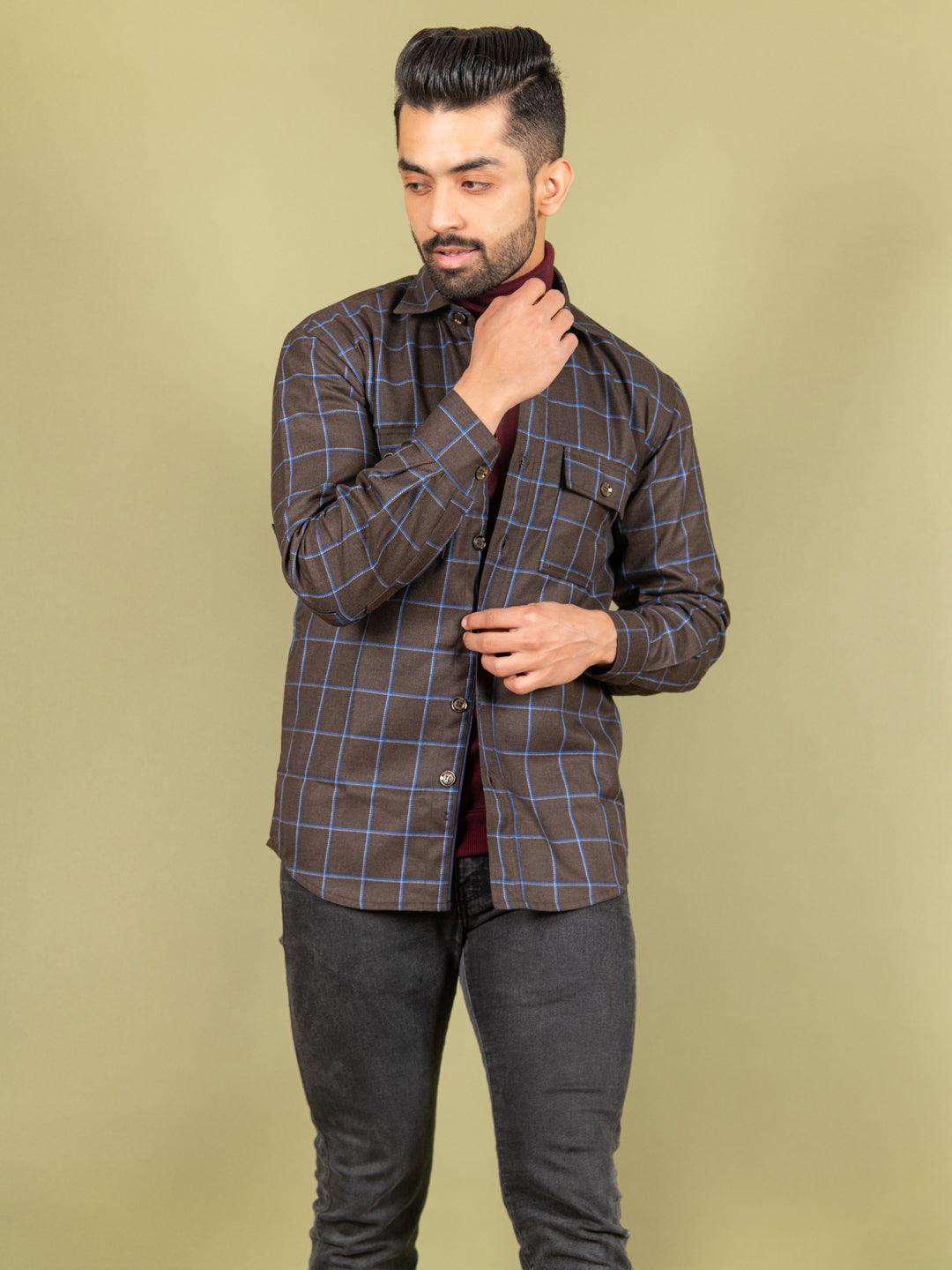 Brown and Blue Flannel Checks Shacket - Tistabene