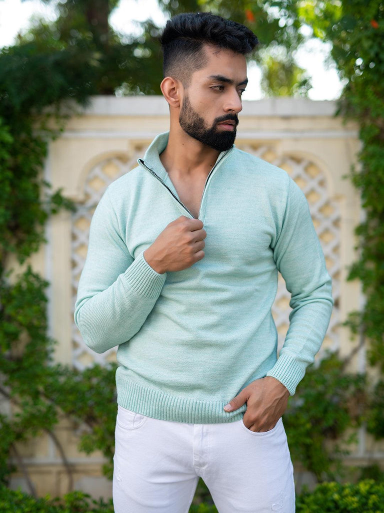 Green Color Classic Zipper Men's Sweater - Tistabene