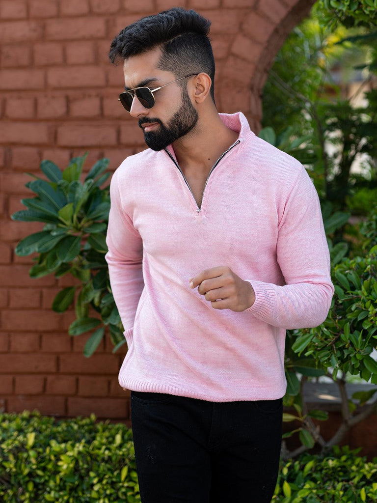 Light Pink Color Classic Zipper Men's Sweater - Tistabene