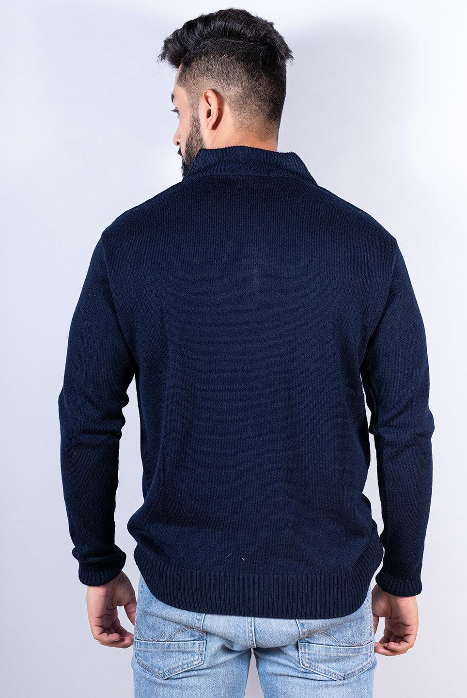 Navy Blue Color Classic Zipper Men's Sweater - Tistabene