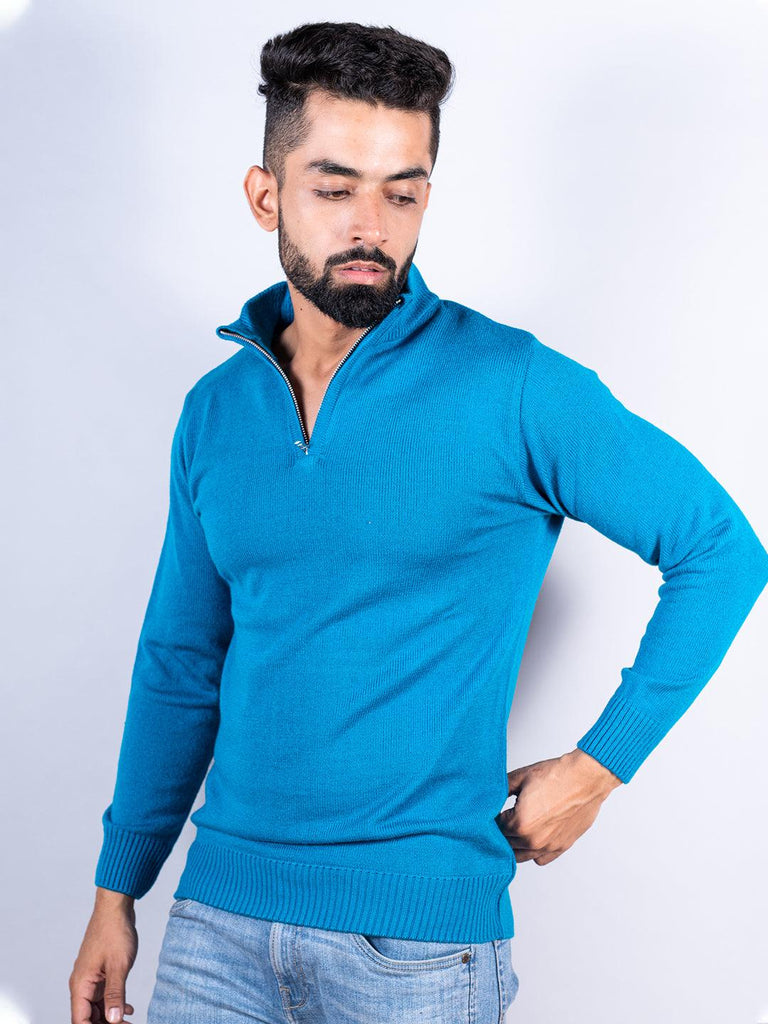 Teal Blue Color Classic Zipper Men's Sweater - Tistabene