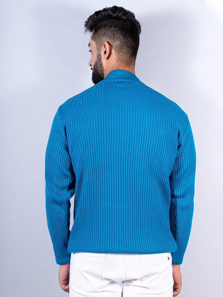 Teal Blue Color Turtle Neck Men's Sweater - Tistabene