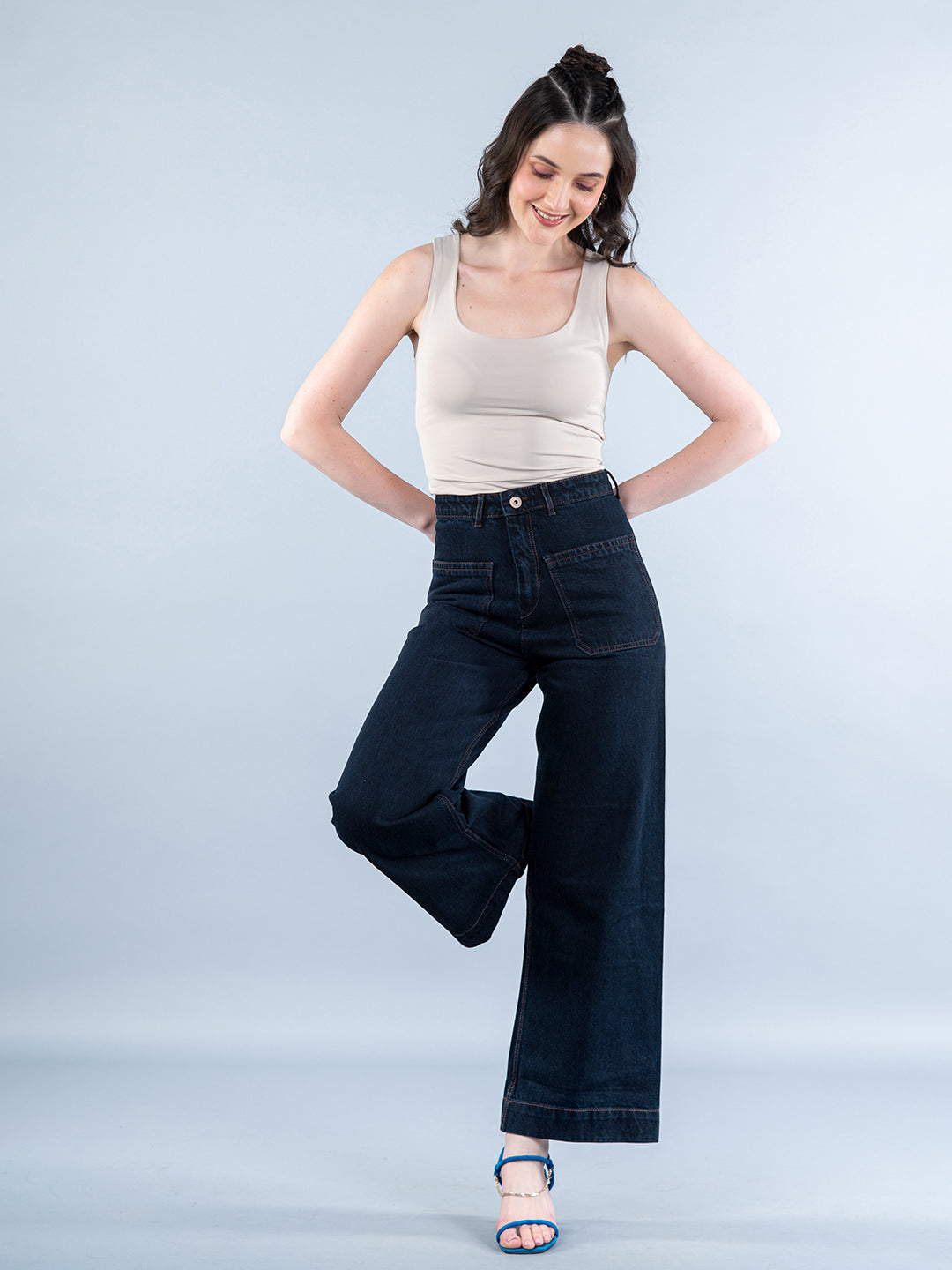 Buy Two Pocket Navy Blue Flared Jeans For Women Online