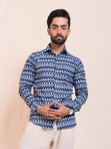 White and Blue Ikat Design Slim Fit Men Shirt