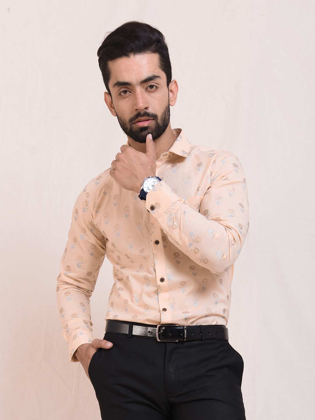 Just Peach Floral Print Slim Fit Men Shirt