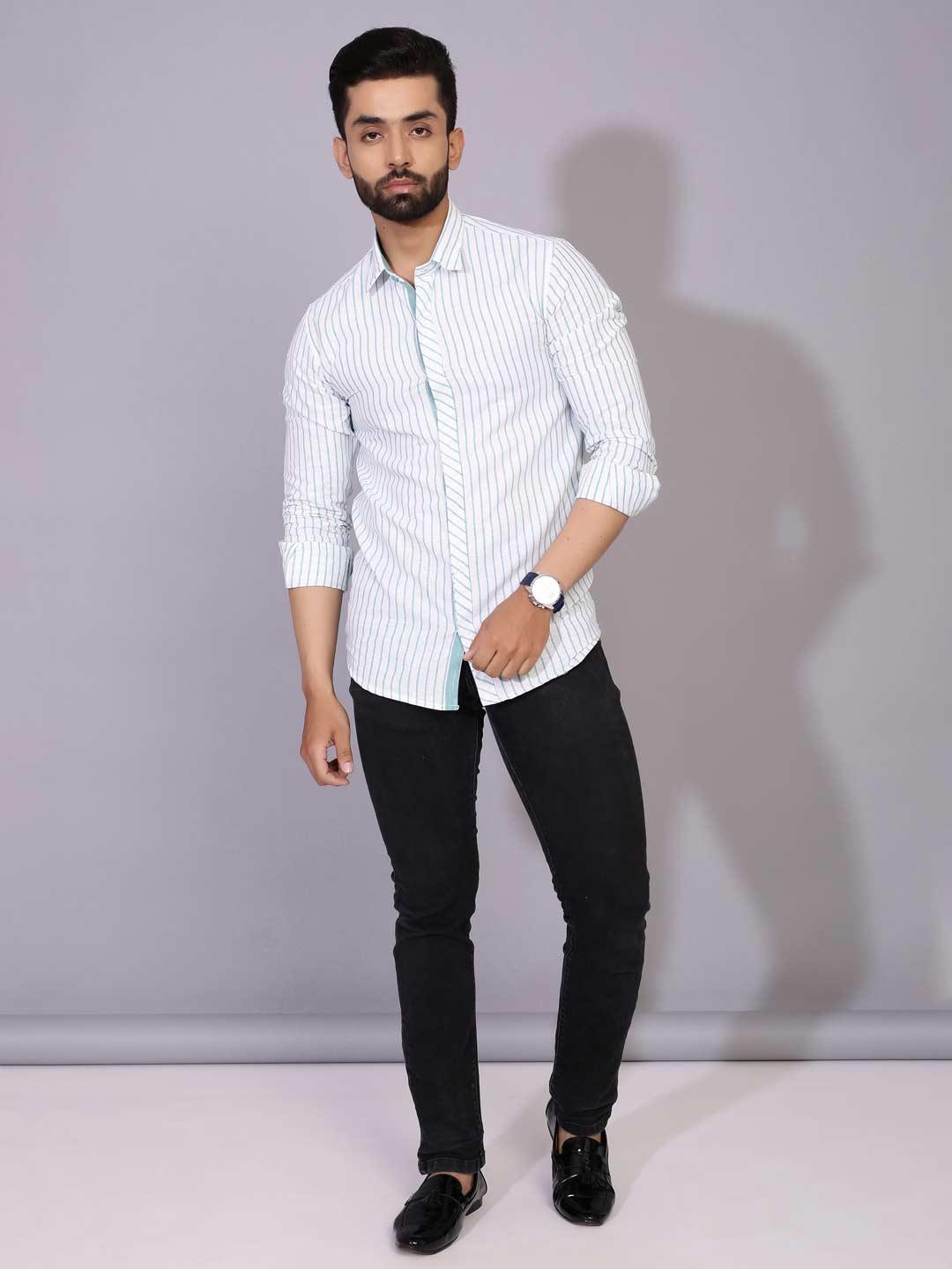Buy Men White and Blue Stripe Cotton Shirt Online | Tistabene - XL ...