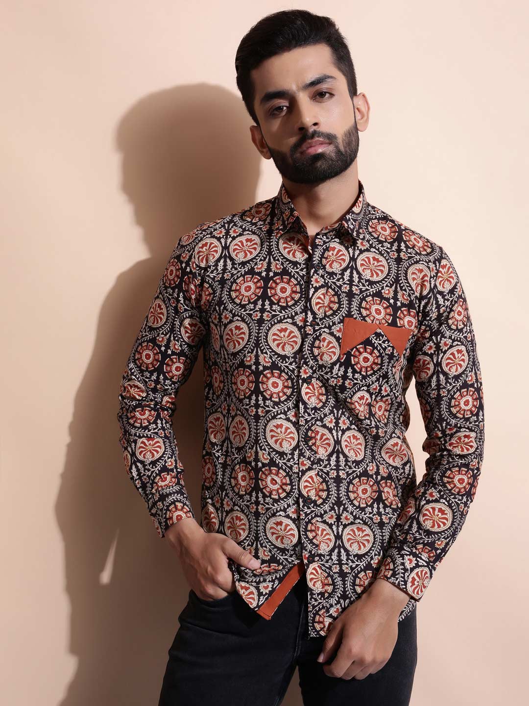 Men Black and Rust Printed Slim Fit Shirt