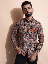 Men Black and Rust Printed Slim Fit Shirt