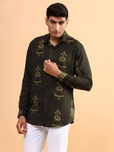 Buy Latest Olive Green Tribal Printed Cotton Shirt Online | Tistabene