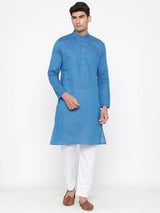 Plain Blue Cotton Kurta With Pyjama