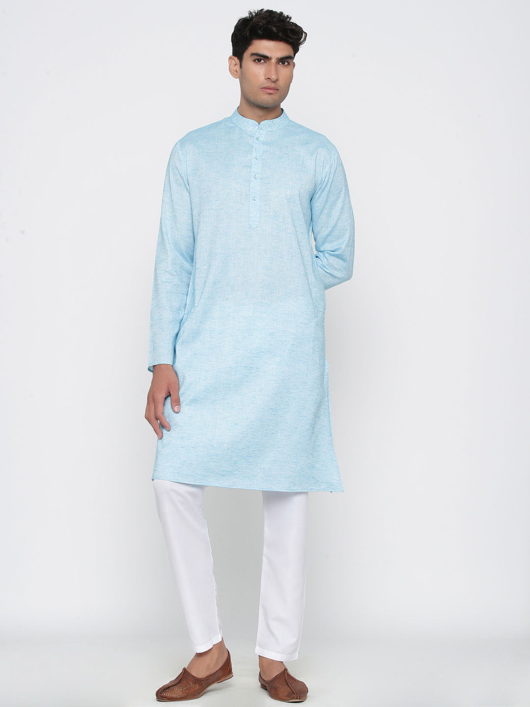 Blue Cotton Linen Feel Designer Cotton Kurta With Pyjama