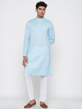 Blue Cotton Linen Feel Designer Cotton Kurta With Pyjama