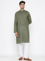 Olive Green Plain Linen Kurta With Pyjama