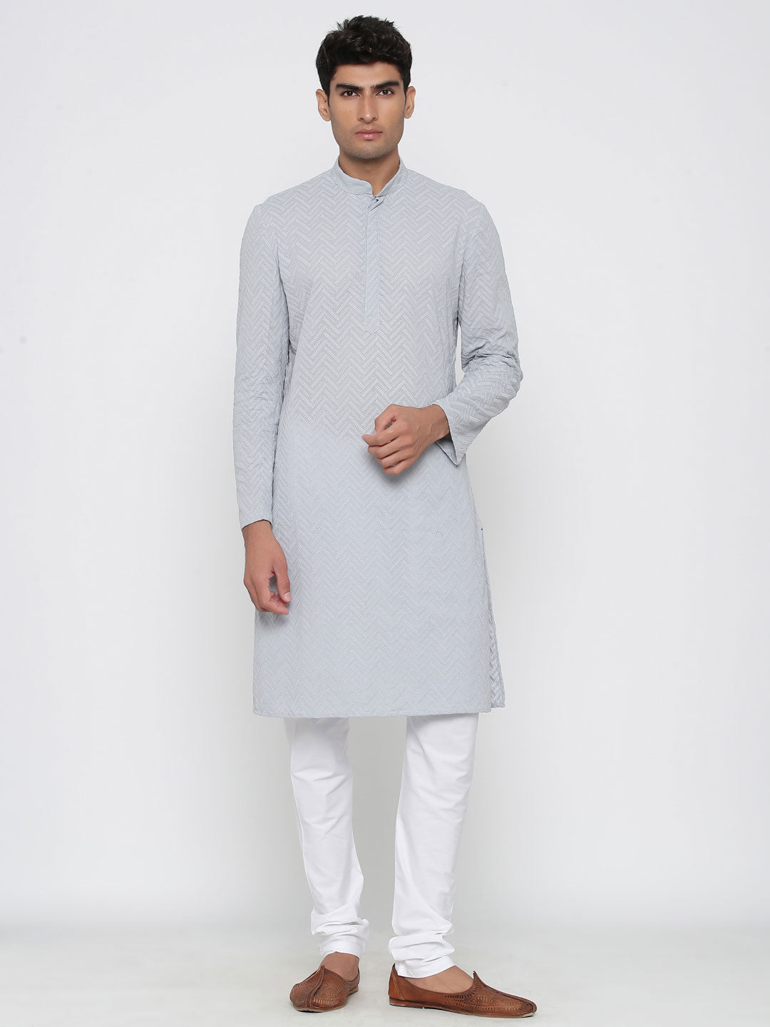Grey Chikan Kurta With Pyjama Set
