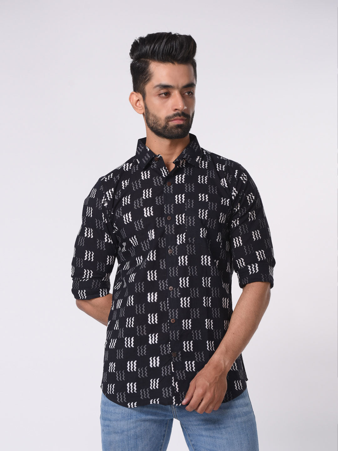 Geometric Block Print Cotton Slim Fit Shirt