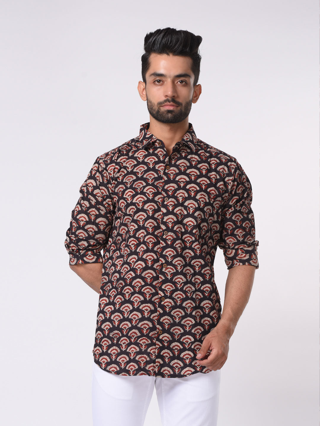 Black with Red Floral Block Print Cotton Slim Fit Shirt