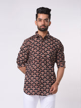 Black with Red Floral Block Print Cotton Slim Fit Shirt