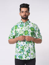 White and Green Floral Cotton Printed Shirt