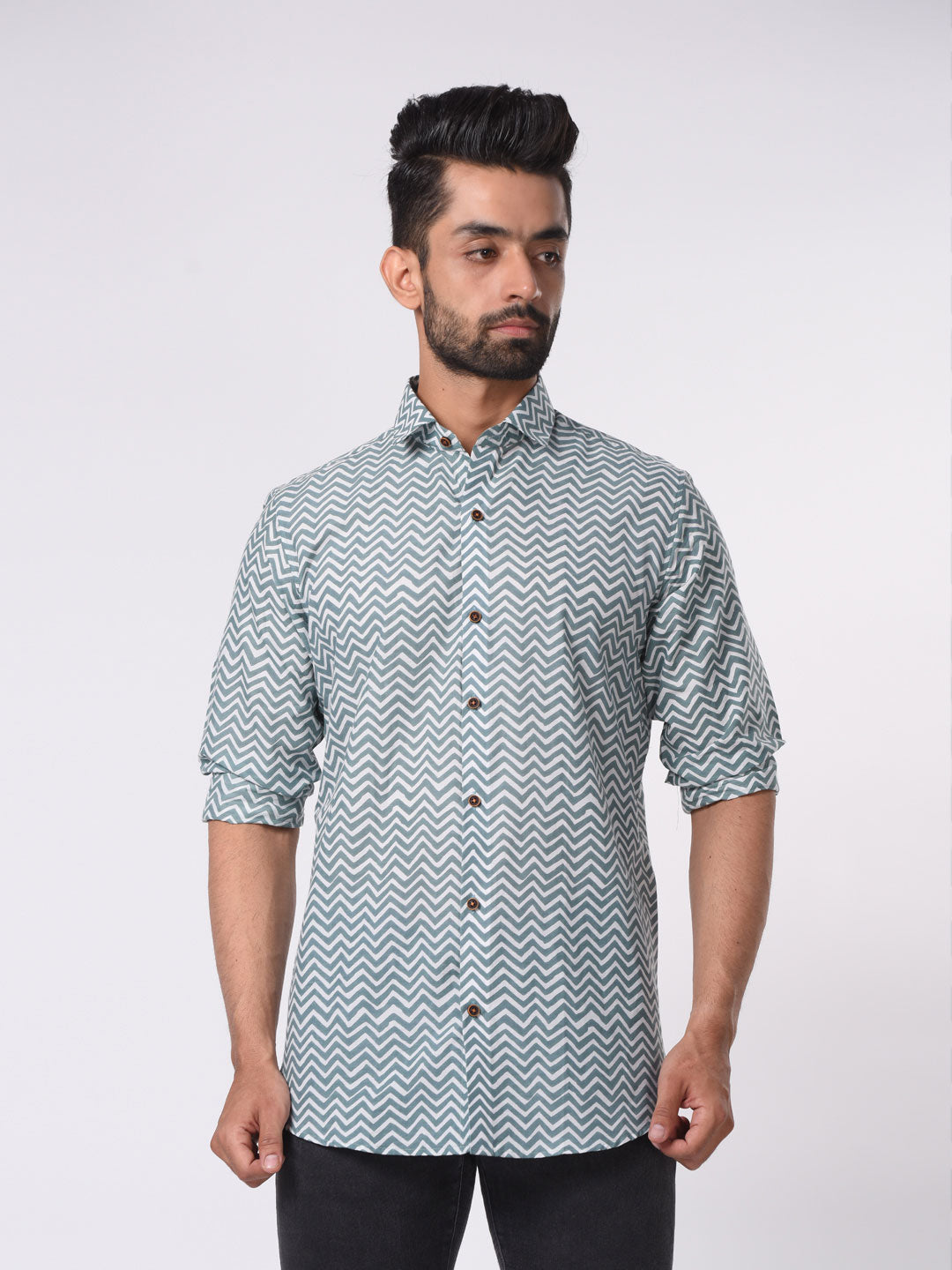 Green and White Chevron Printed Cotton Shirt