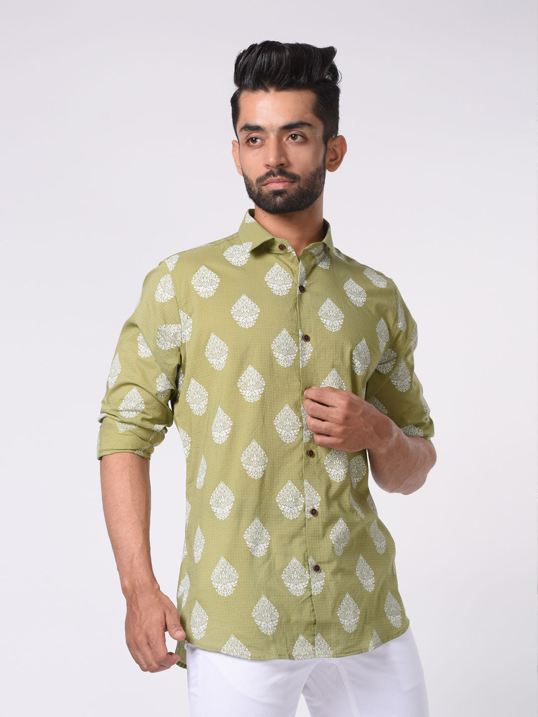 Green and White Ethnic Motif Printed Cotton Shirt