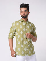Green and White Ethnic Motif Printed Cotton Shirt