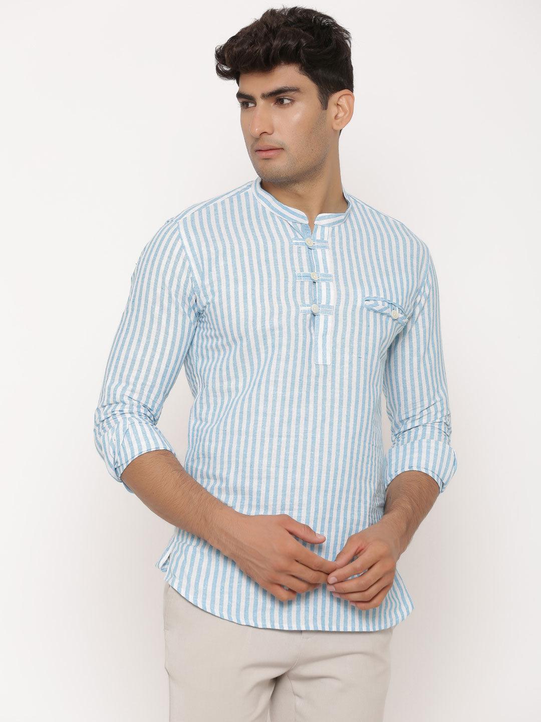 Blue And White Stripe Kurta Shirt - Tistabene