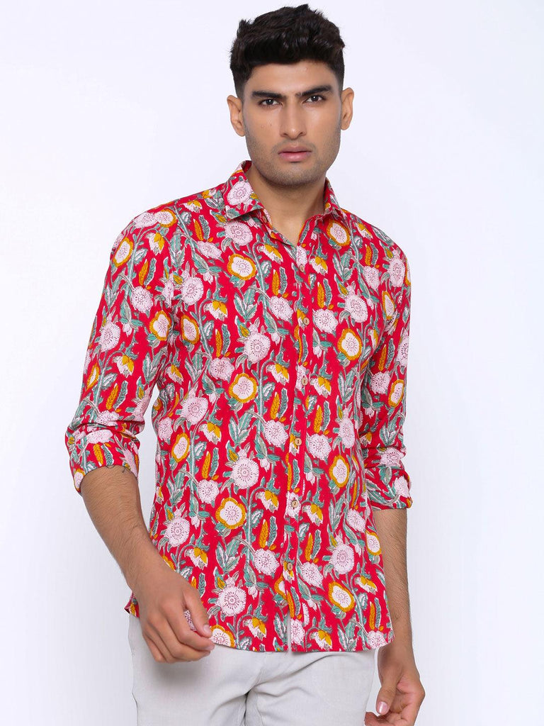 Red Floral Printed Cotton Shirt - Tistabene