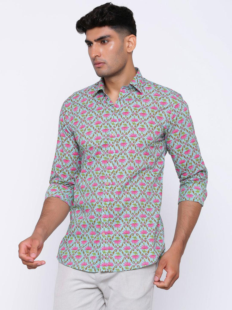 Blue and Pink Printed Cotton Shirt - Tistabene