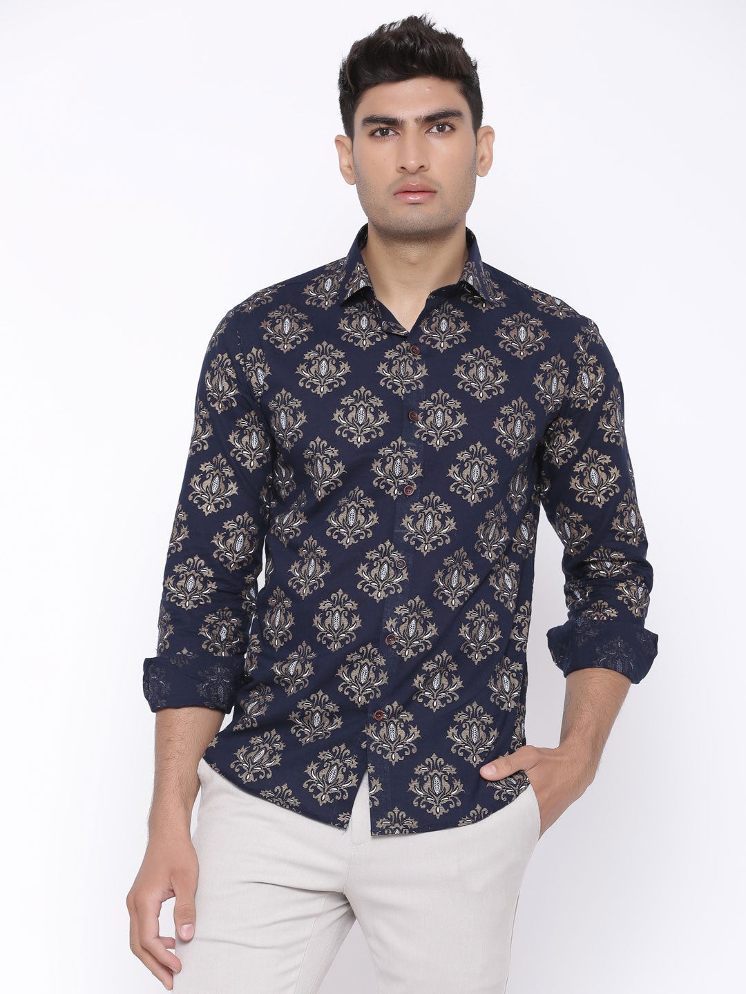Blue With Golden Motif Printed Cotton Shirt