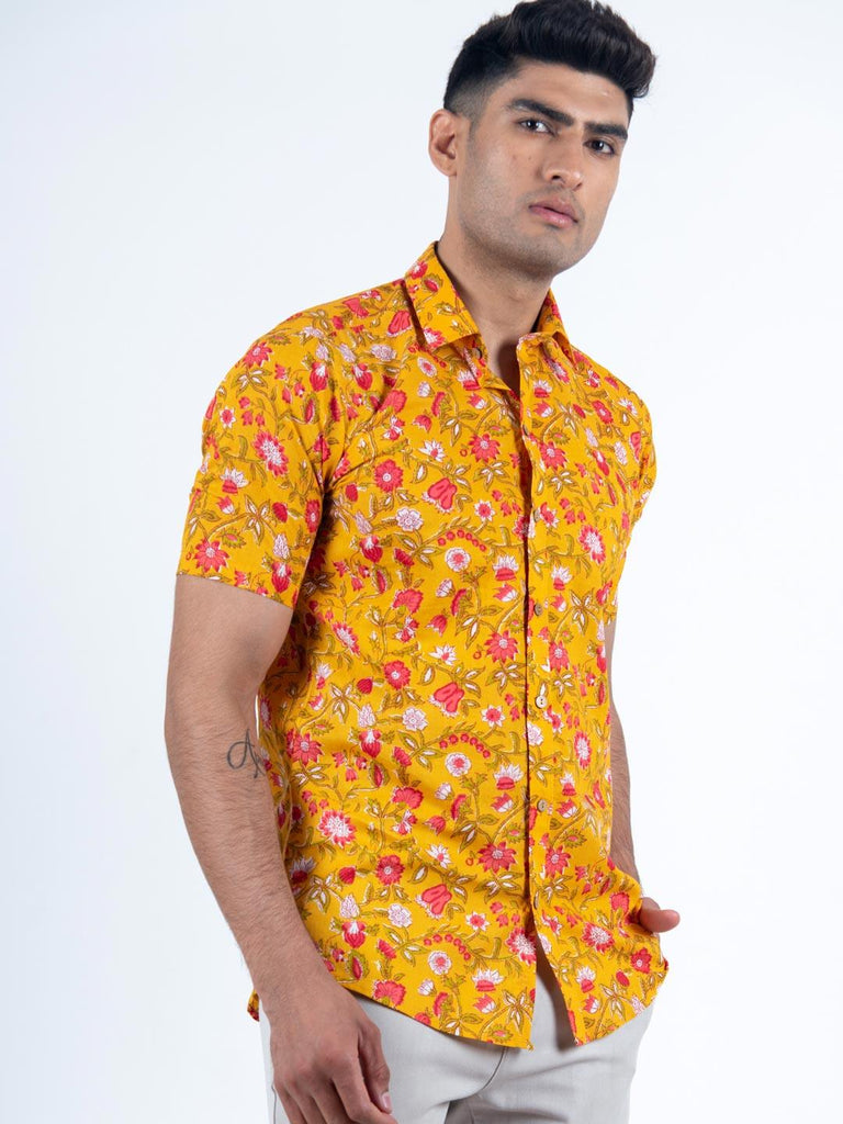 Yellow Floral Printed Cotton Half Sleeves Shirt - Tistabene