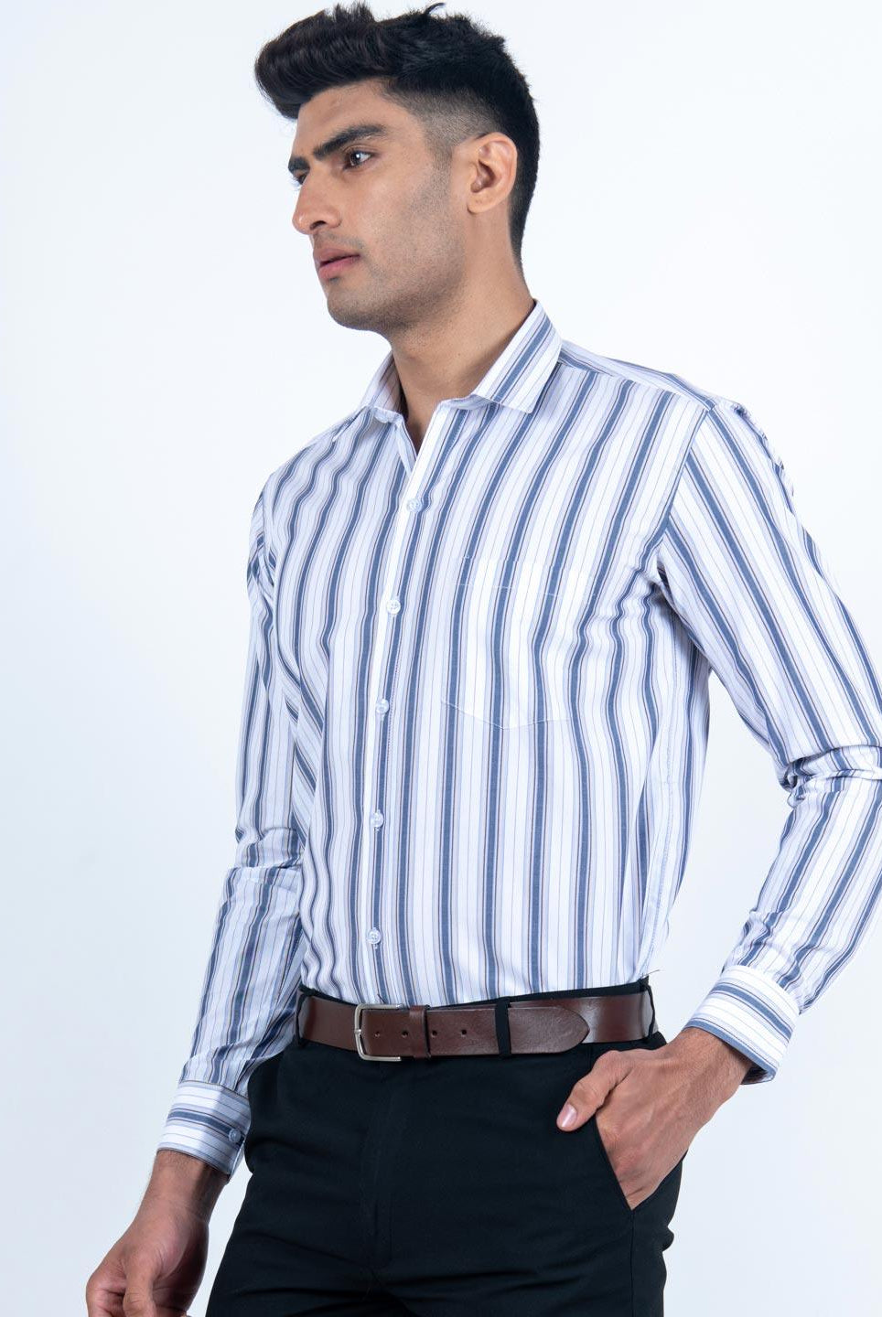 White and Blue Stripes Printed Cotton Shirt - Tistabene