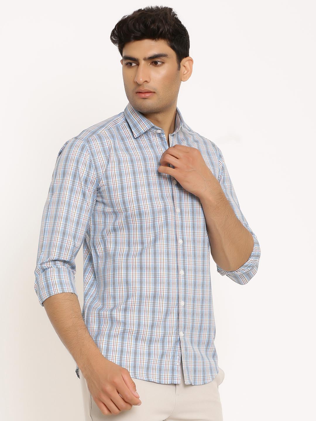 blue check shirt