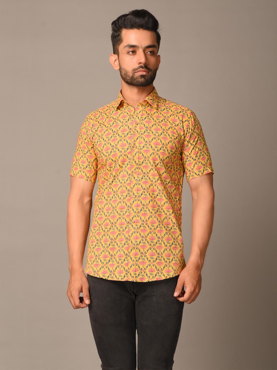 Yellow Bloomy Printed Cotton Shirt