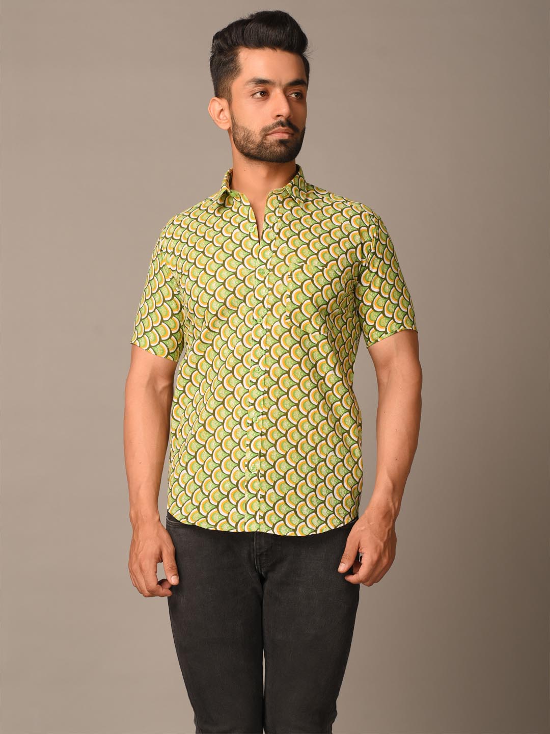 Green Takeshi Printed Cotton Half Shirt