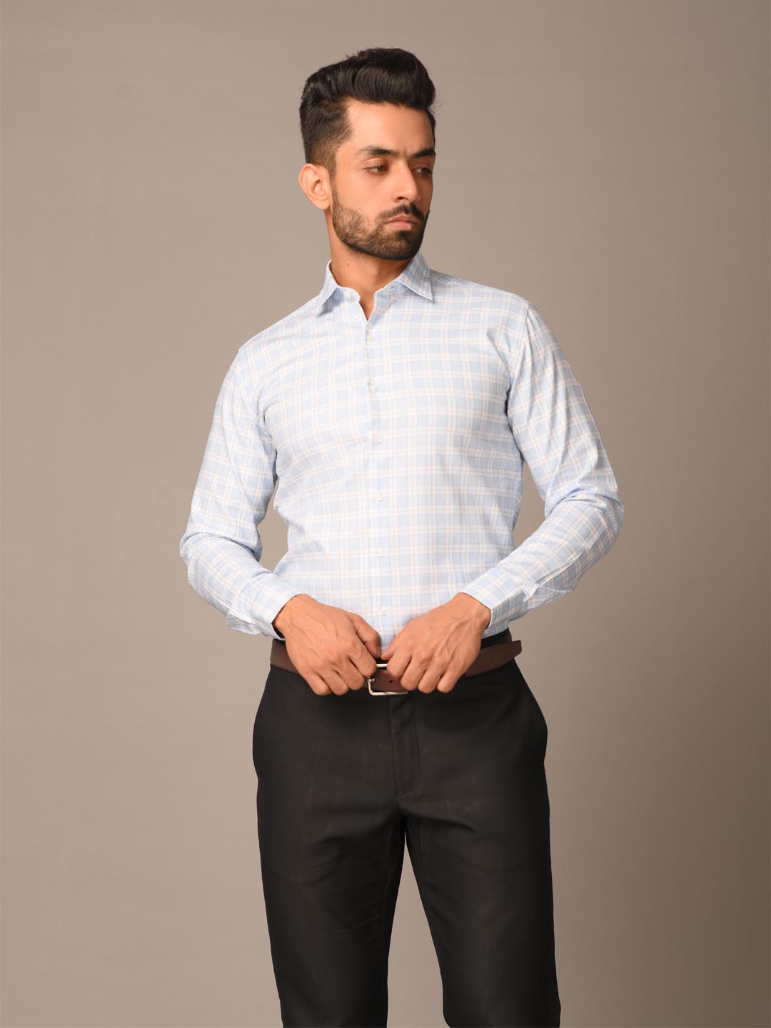 light blue check shirt