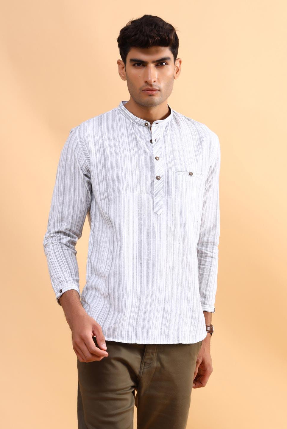 Striped Grey and Black Cotton Linen Kurta Shirt - Tistabene