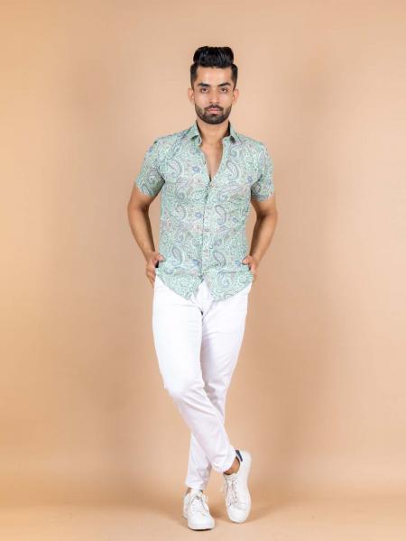Magic Mint Printed Cotton Half Shirt