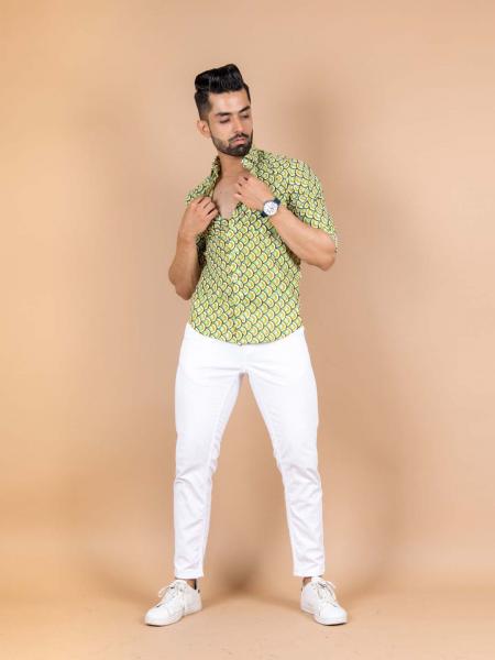 Buy Trendy Green Takeshi Printed Cotton Shirt Online | Tistabene